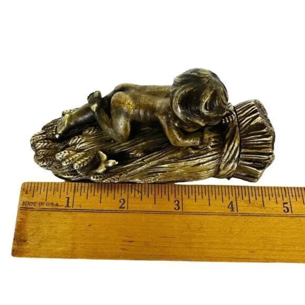 French Bronze and Gilt Metal Box Child & Bird On Wheat Bundle‎ Vintage